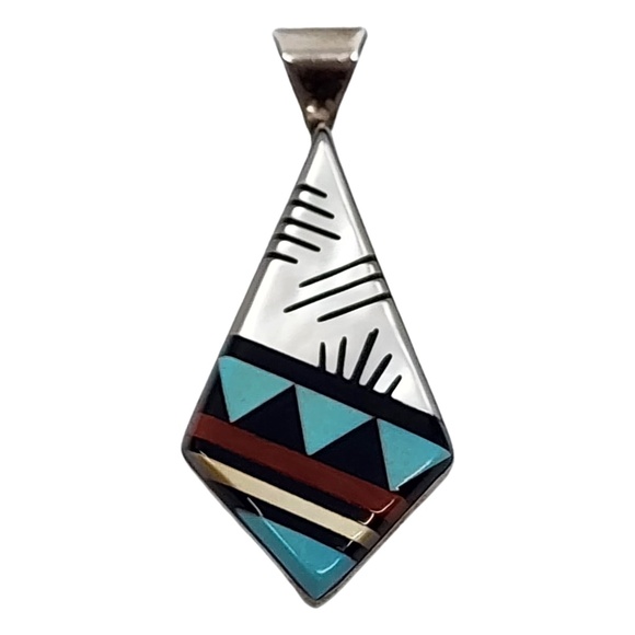 Native American CK Zuni Sterling Silver Multi Stone Inlay Pendant #16149 - Picture 1 of 6